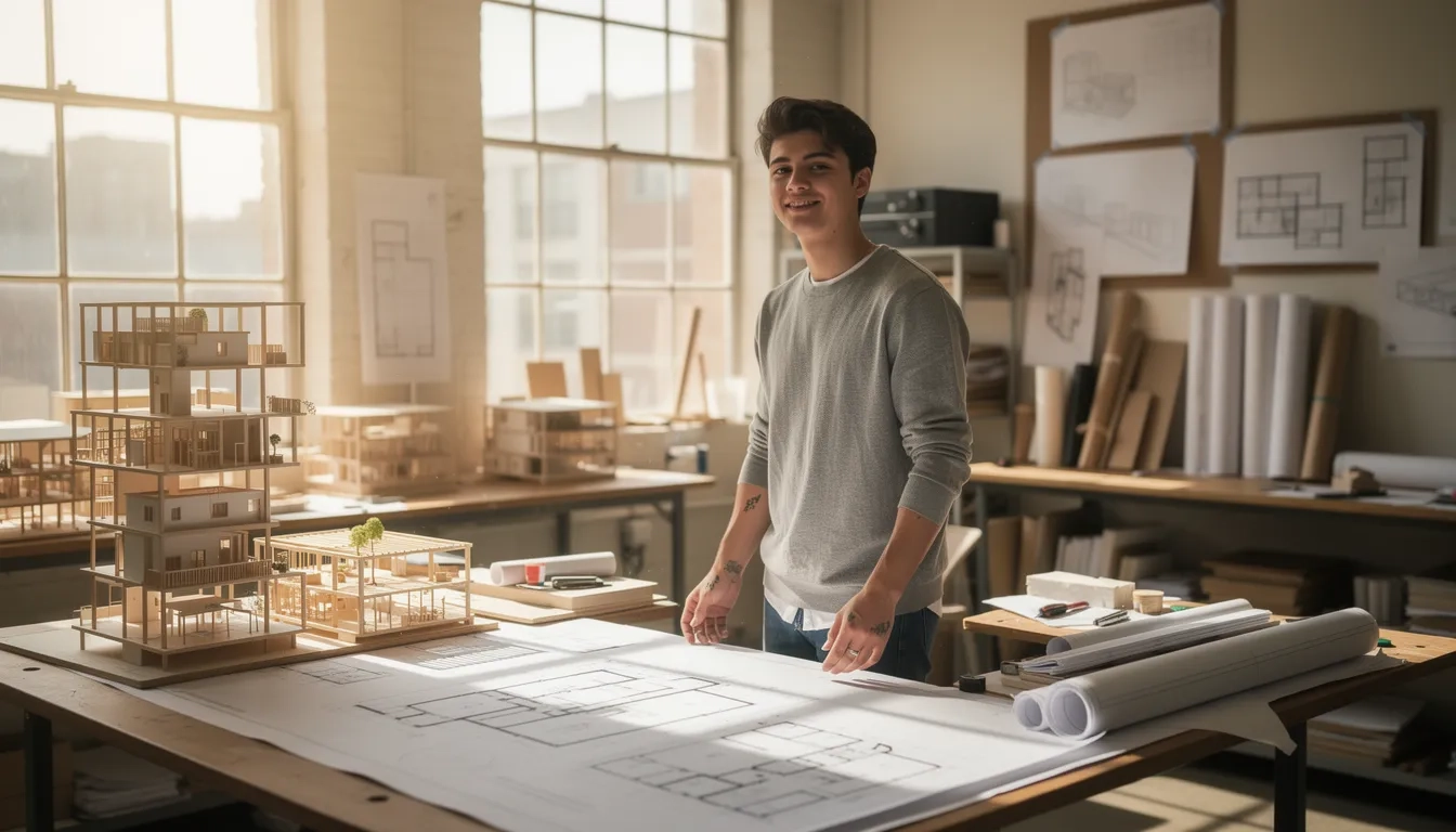 Architecture student reviewing blueprints in a university design studio