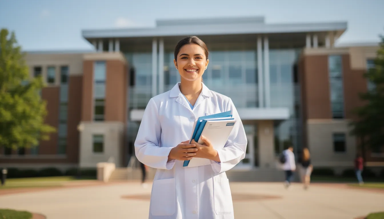 Dental student holding scholarship documents in front of university
