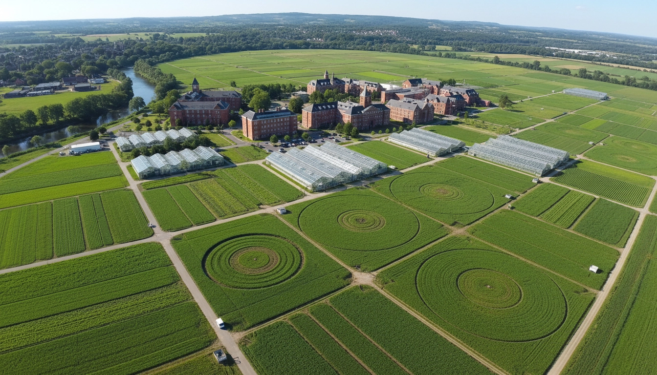 Aerial view of a university agricultural research campus with green fields, greenhouses, and academic buildings
