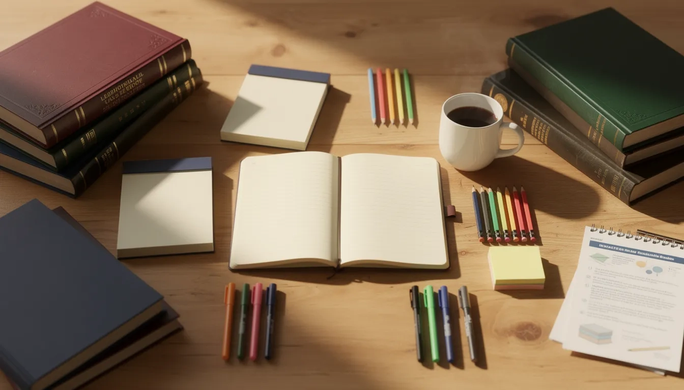 Organized teacher's workspace with textbooks, notebooks, and teaching materials on a natural wood desk in warm golden lighting