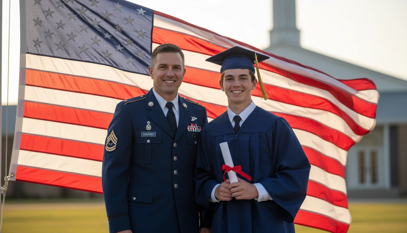 Military parent in uniform with child in graduation cap and gown