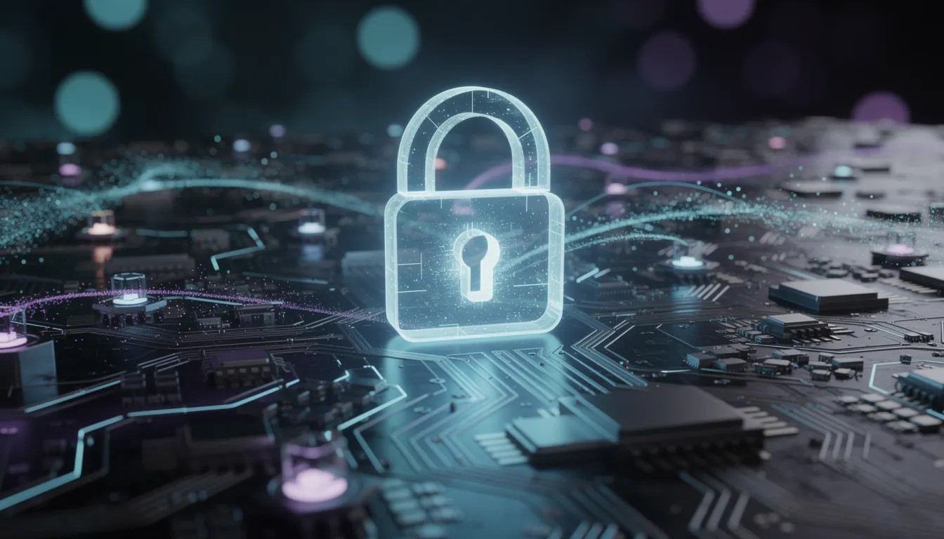 Glowing digital lock over a circuit-board network representing cybersecurity