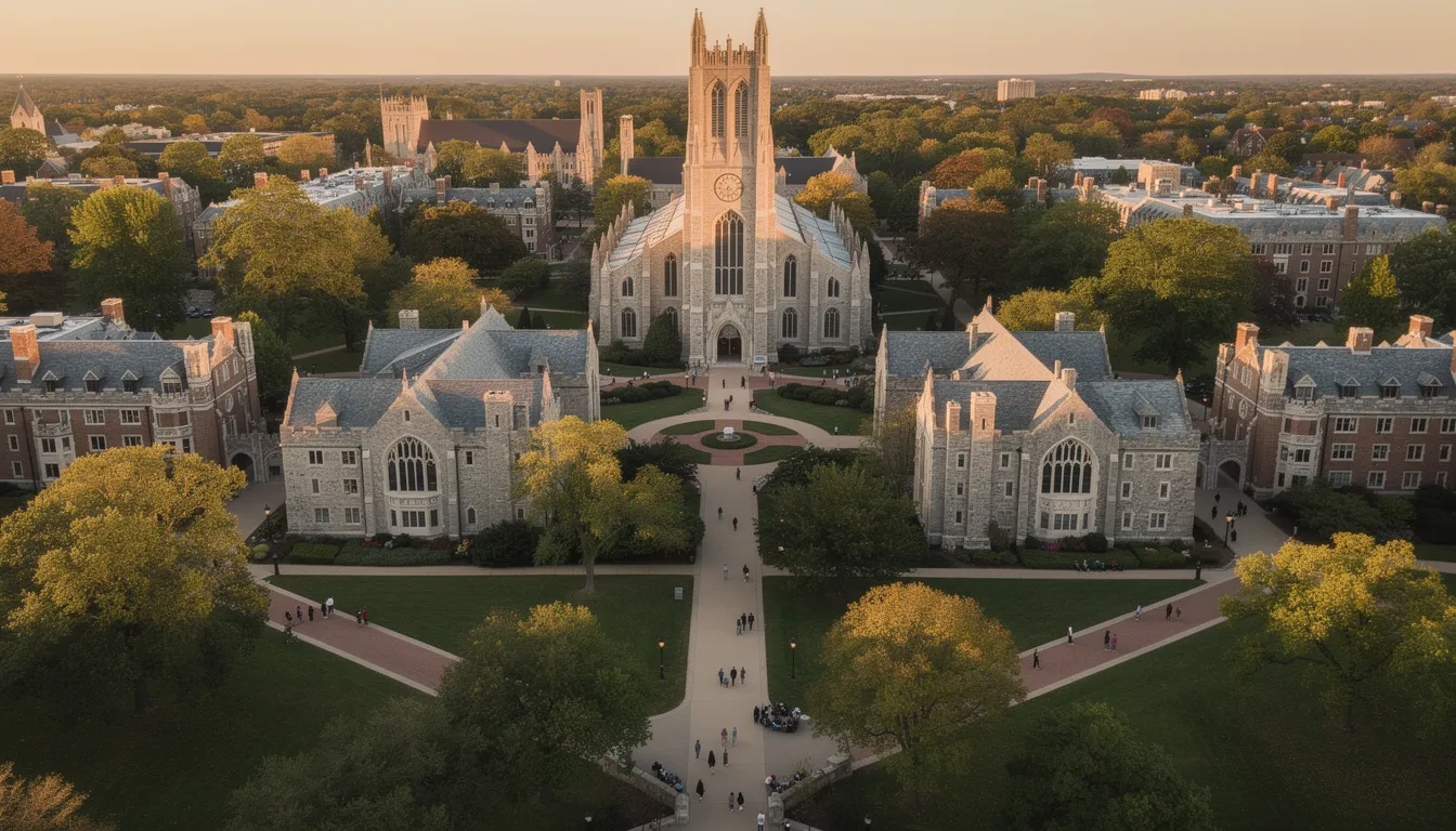Aerial view of Duke University's West Campus and Duke Chapel