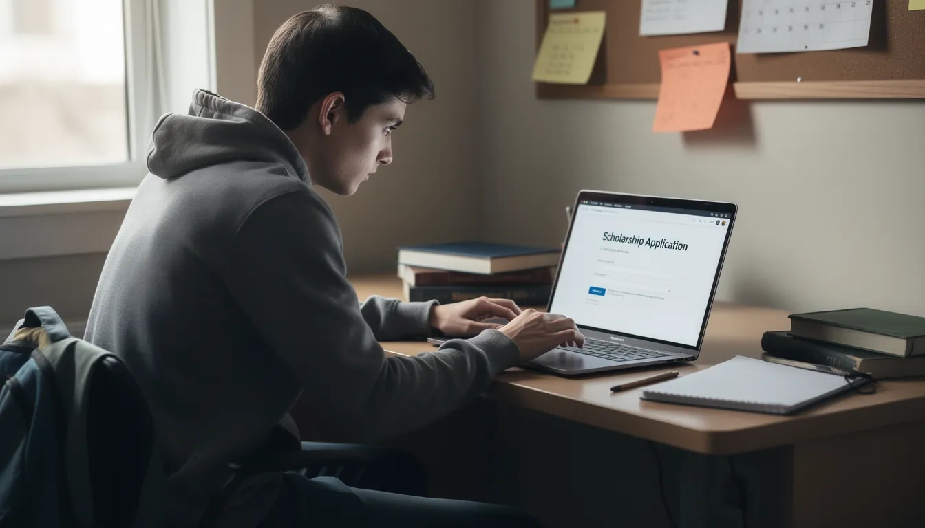 Student hesitating before sending a follow-up email on a scholarship application