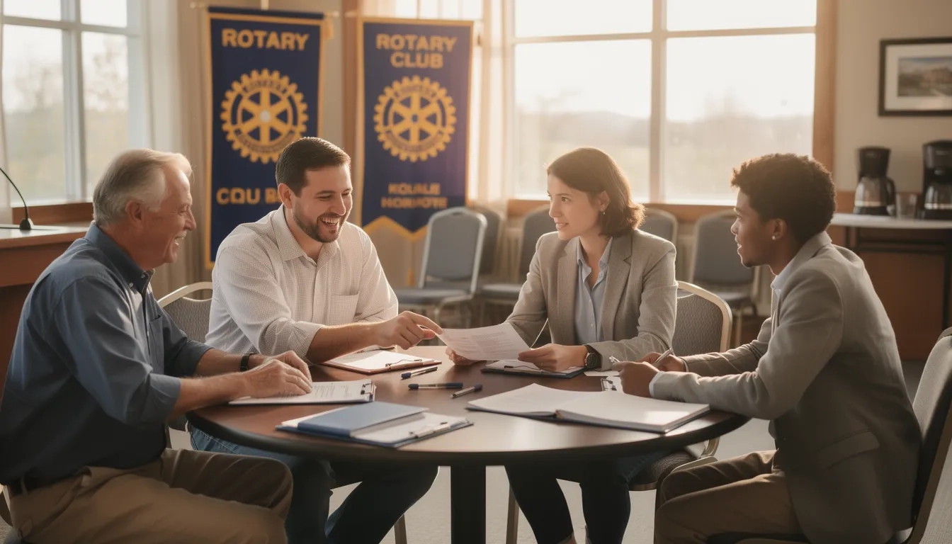 Students gathered around a table at a local Rotary Club meeting, reviewing scholarship materials