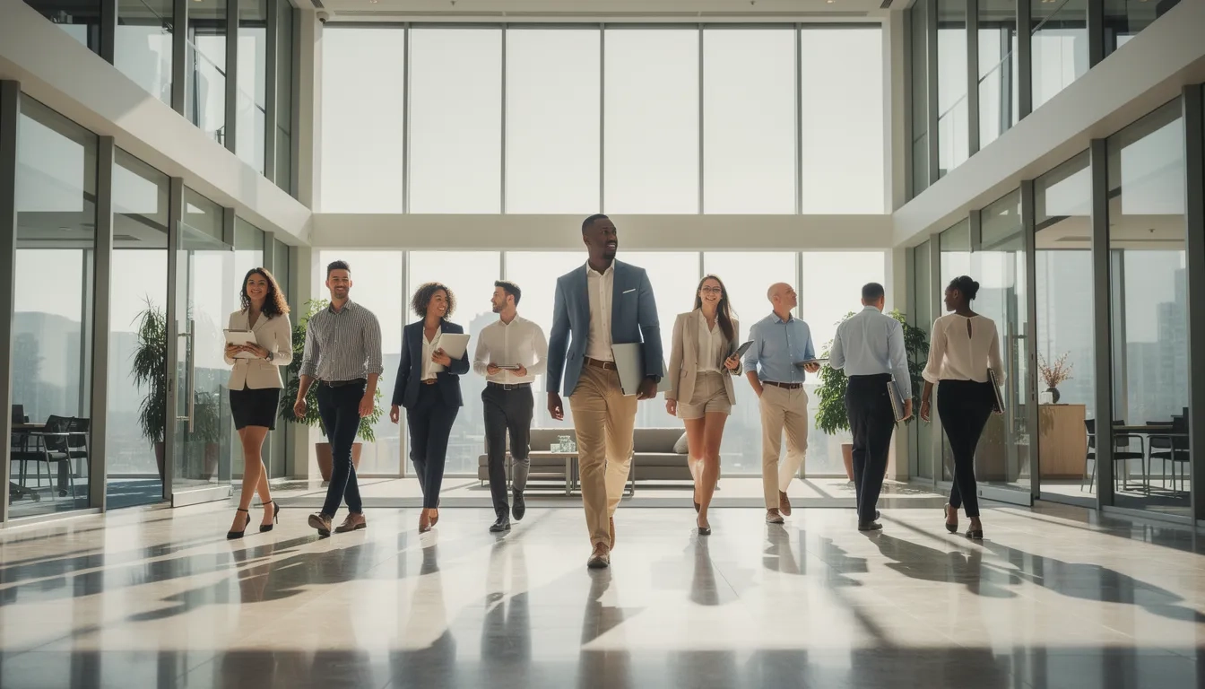 Diverse young professionals walking through a modern office building in 2026