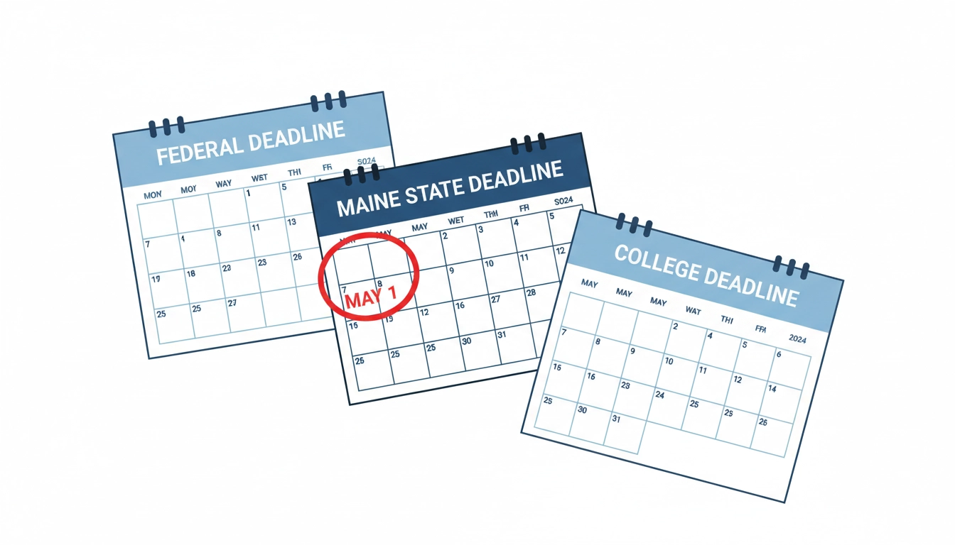 Three overlapping deadline calendars labeled Federal, State, and Institutional with May 1 circled in red on the Maine state calendar