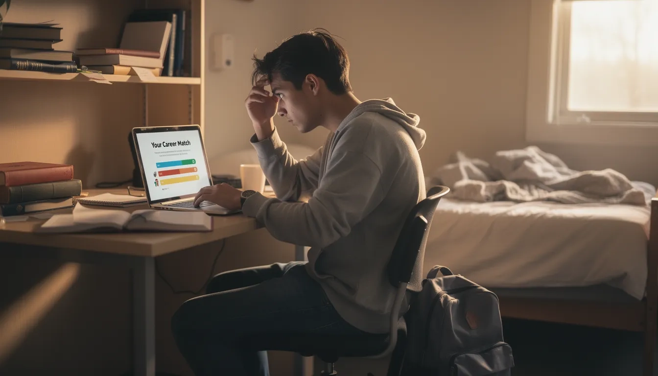 Student looking confused at career assessment results on a laptop