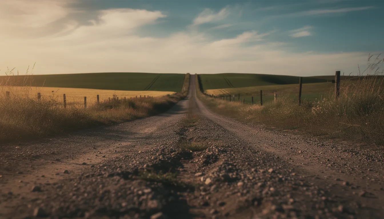 Gravel road stretching through golden-hour rural farmland under a dramatic sky