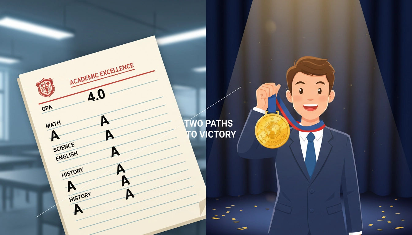 Report card grades compared to a national competition award on stage