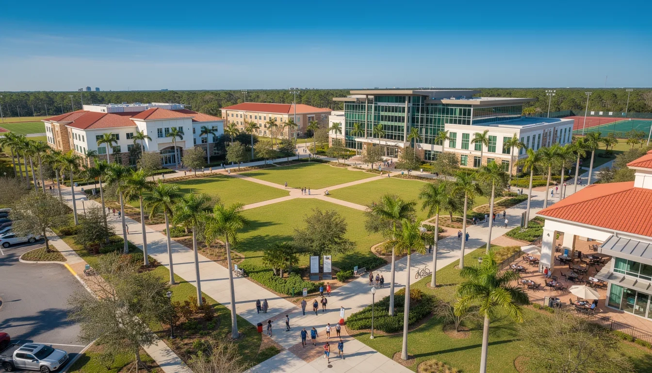 Florida university campus overview with palm trees and students