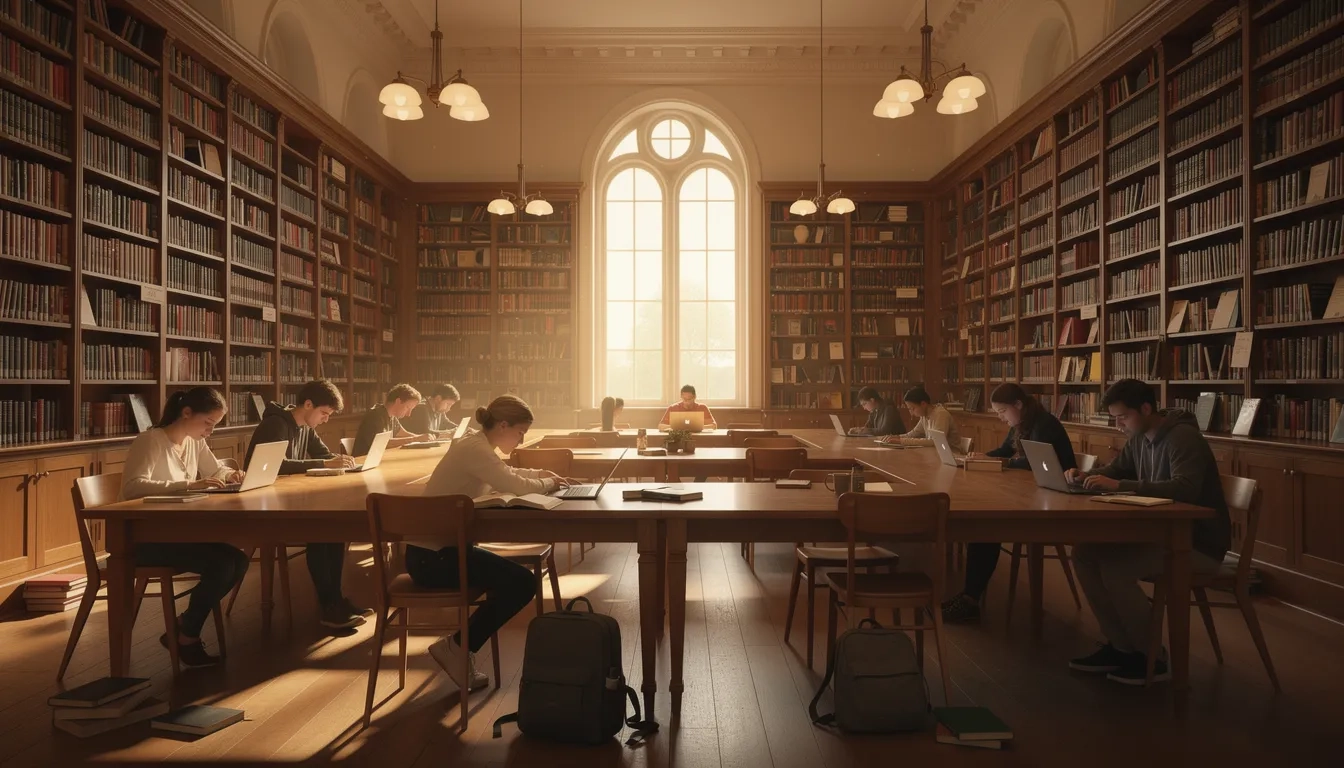 Students studying in a university library surrounded by books