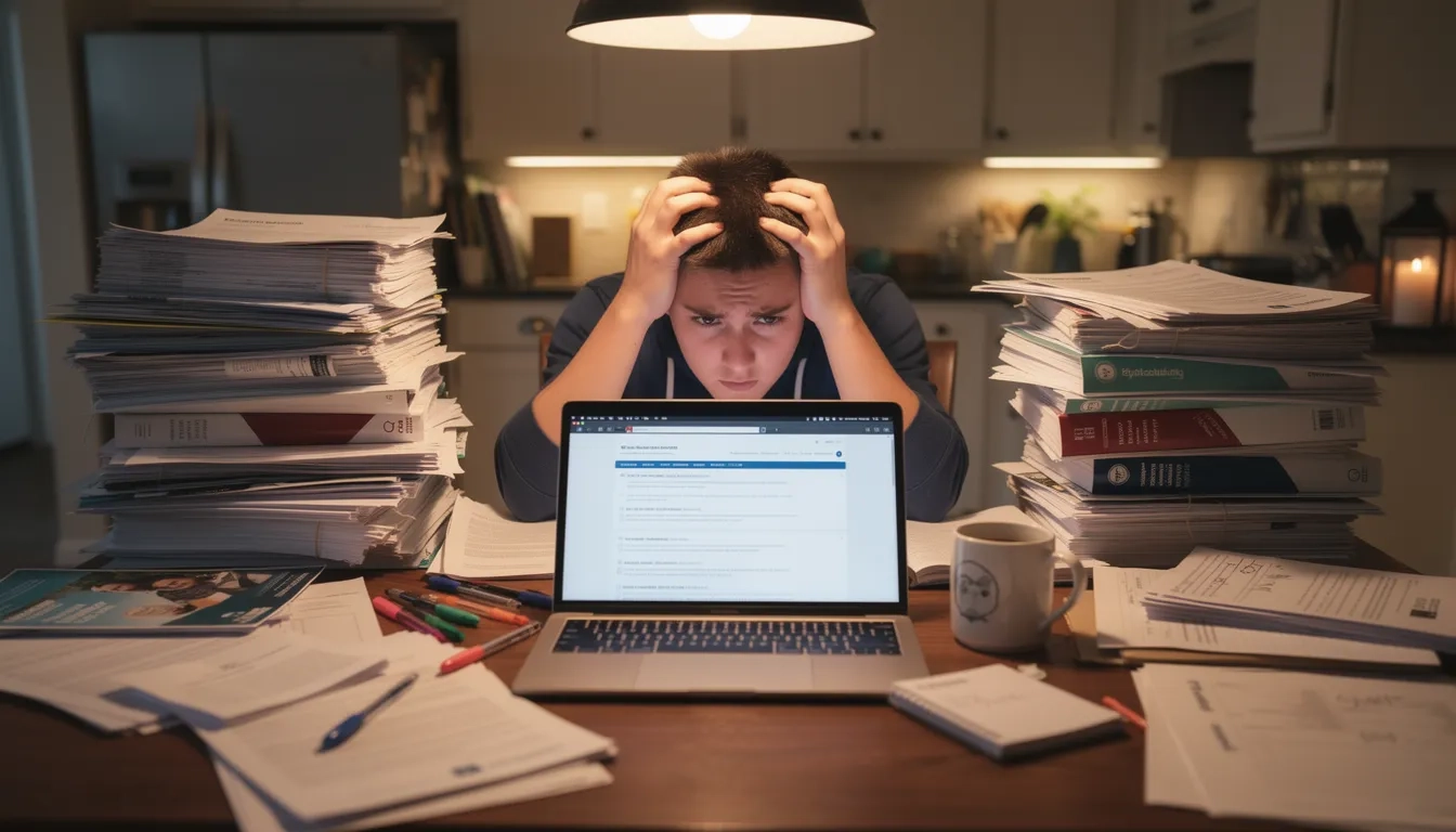 Student overwhelmed by scholarship search at home desk