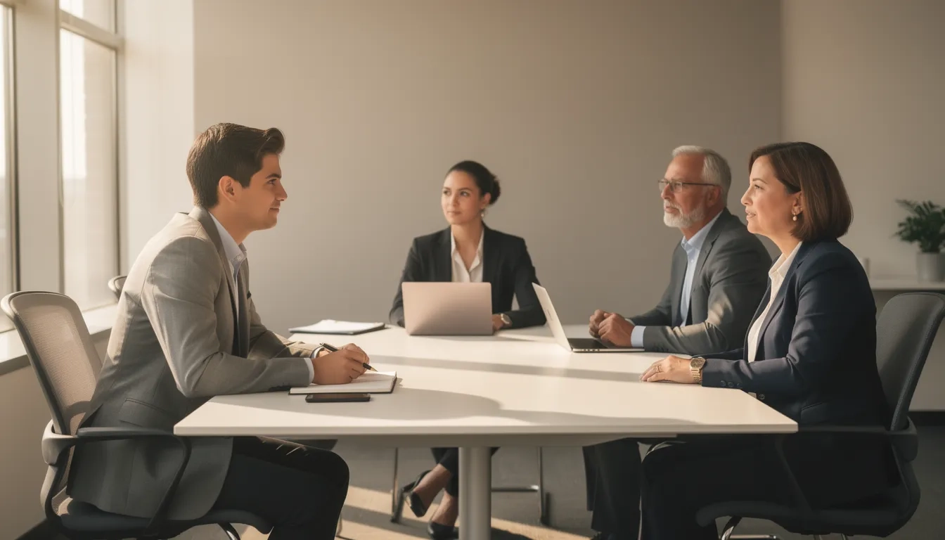 Student sitting across from scholarship committee panel at interview table
