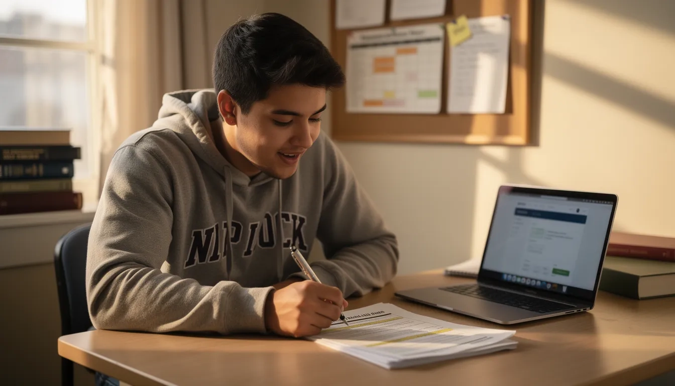 College student reviewing financial aid paperwork