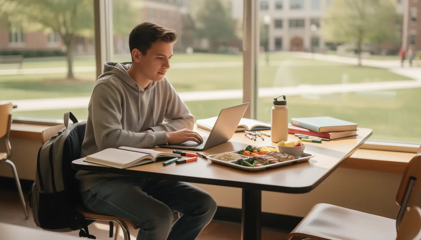College student with celiac disease researching scholarships while eating a gluten-free meal on campus
