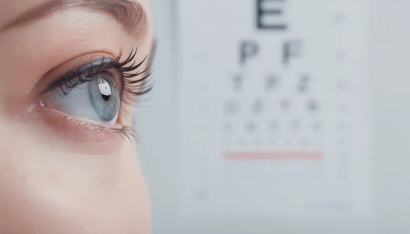 Eye exam with Snellen chart in background illustrating visual acuity testing