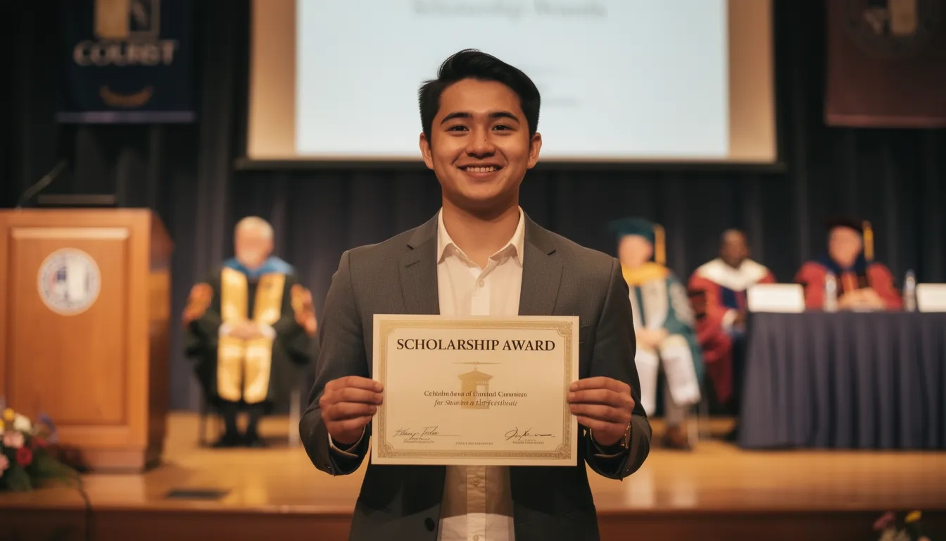 College student receiving a scholarship award at a university ceremony