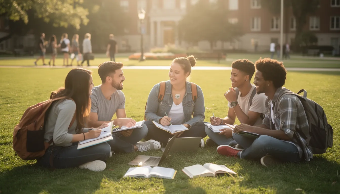 Diverse group of young adult cancer survivors and patients studying together on a college campus