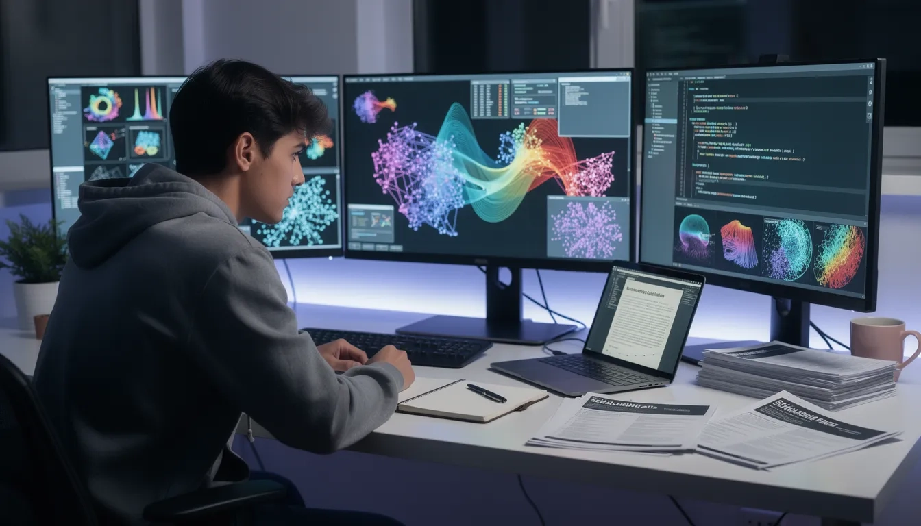 A university student at a desk surrounded by glowing screens displaying neural network diagrams and scholarship application forms