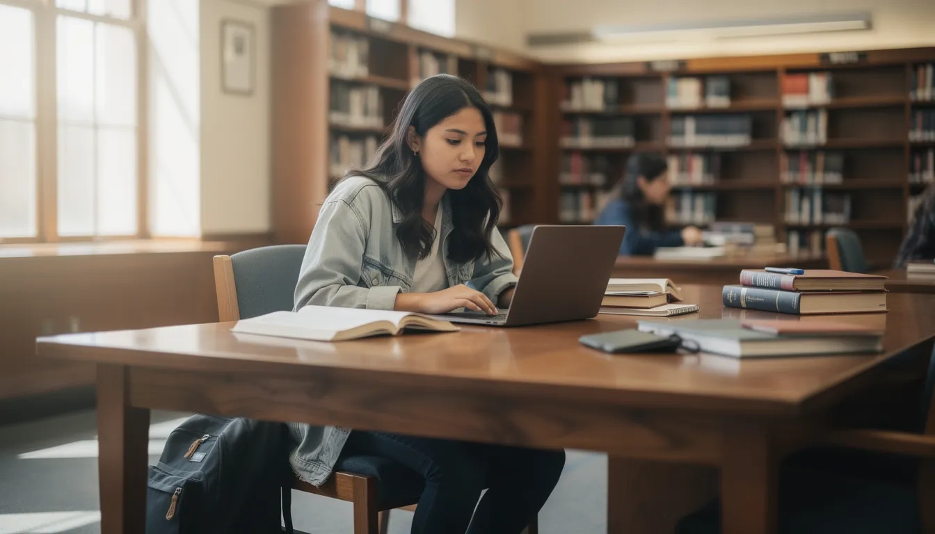 Native American college student studying in a university library