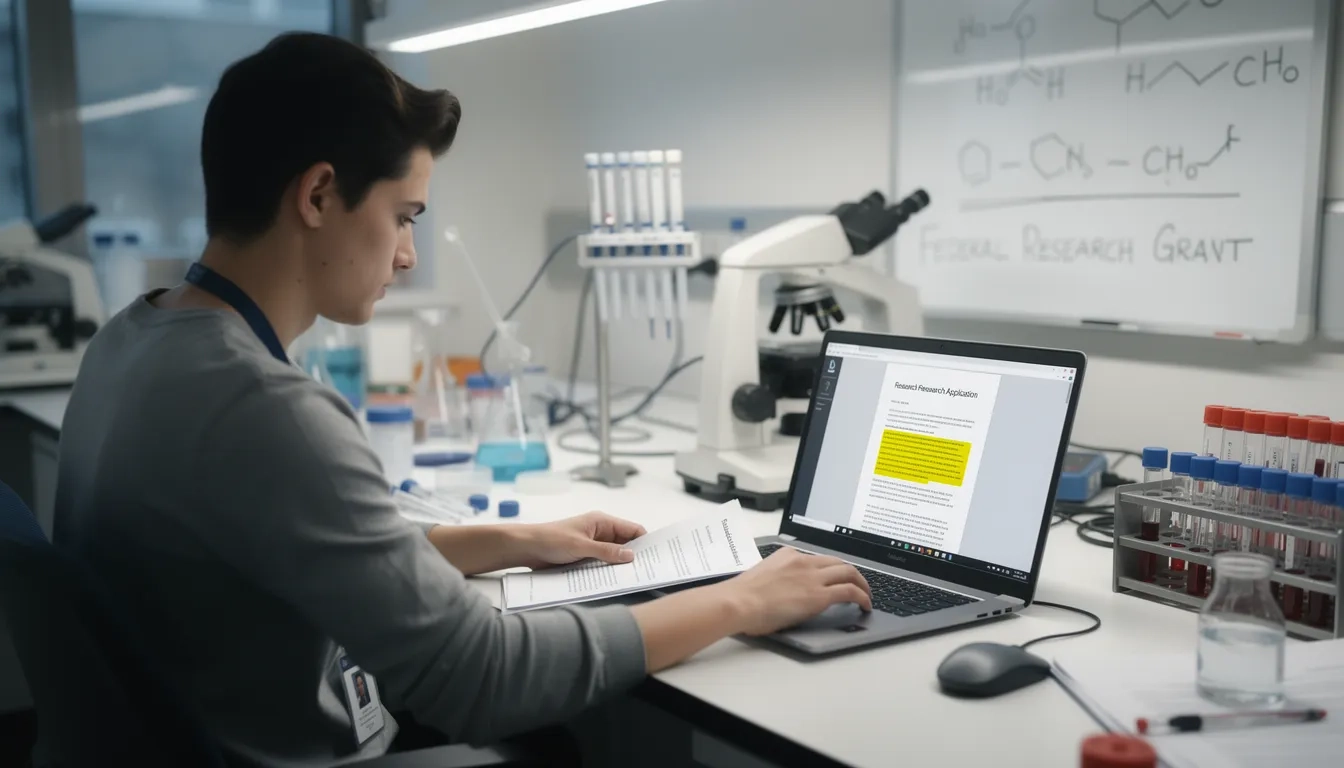 Graduate student reviewing NSF fellowship application in a biomedical research lab