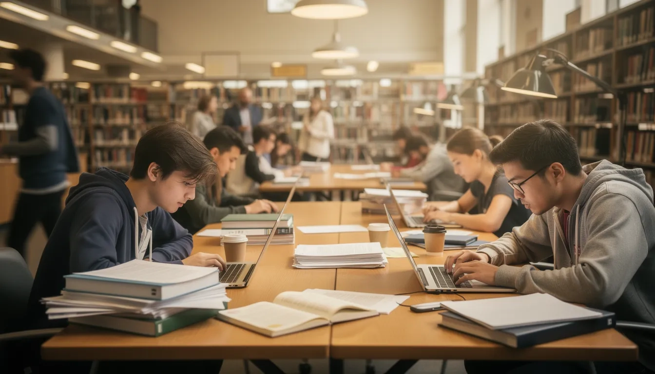 College students crowded around laptops in a university library, stress visible on faces, application numbers climbing on screens