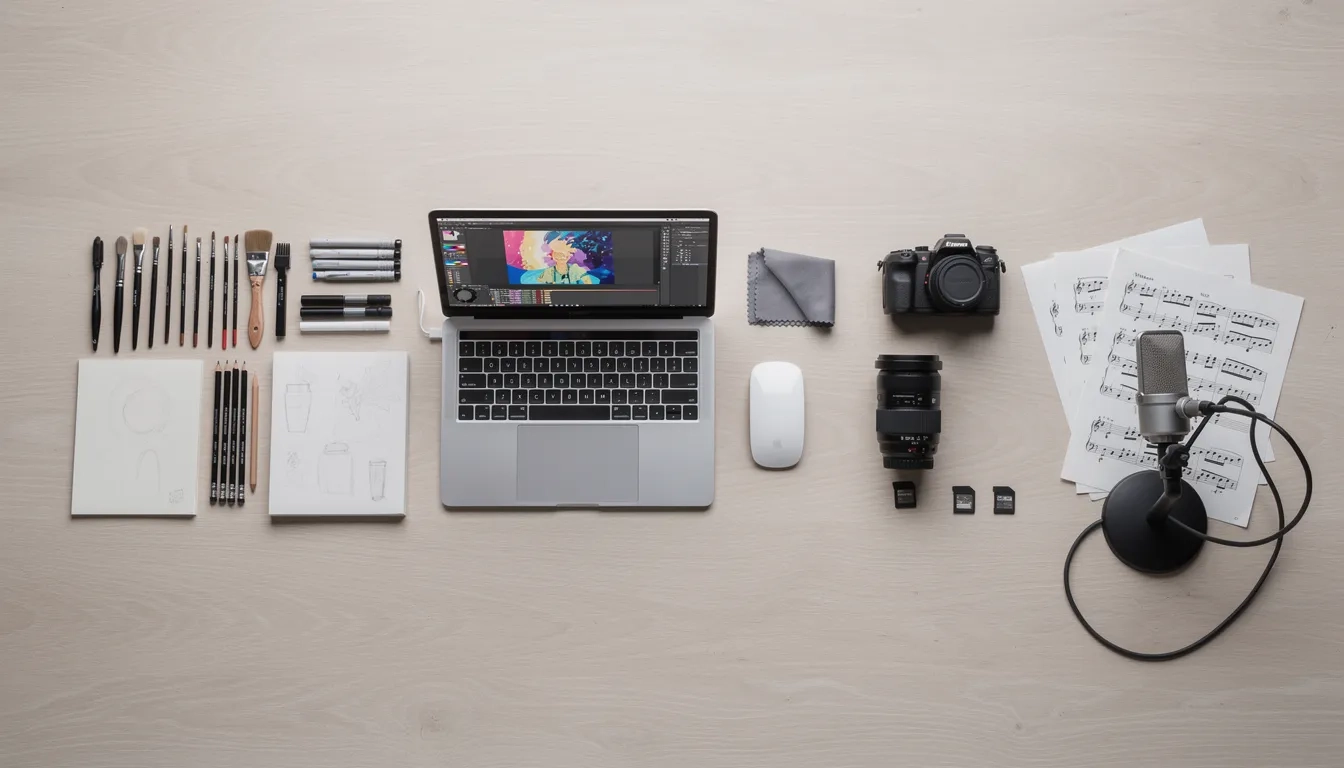 A spread of creative tools representing the broad spectrum of arts career paths