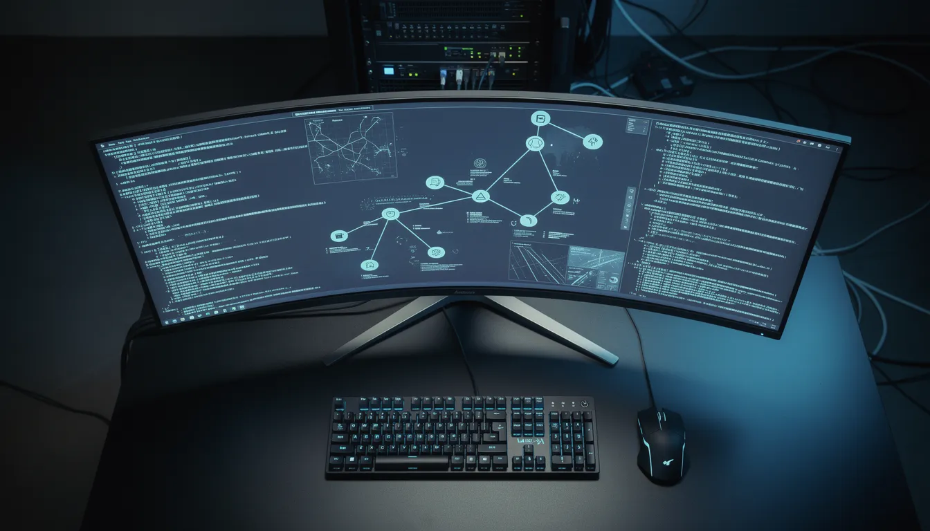 IT security workstation with network diagrams on ultra-wide monitor