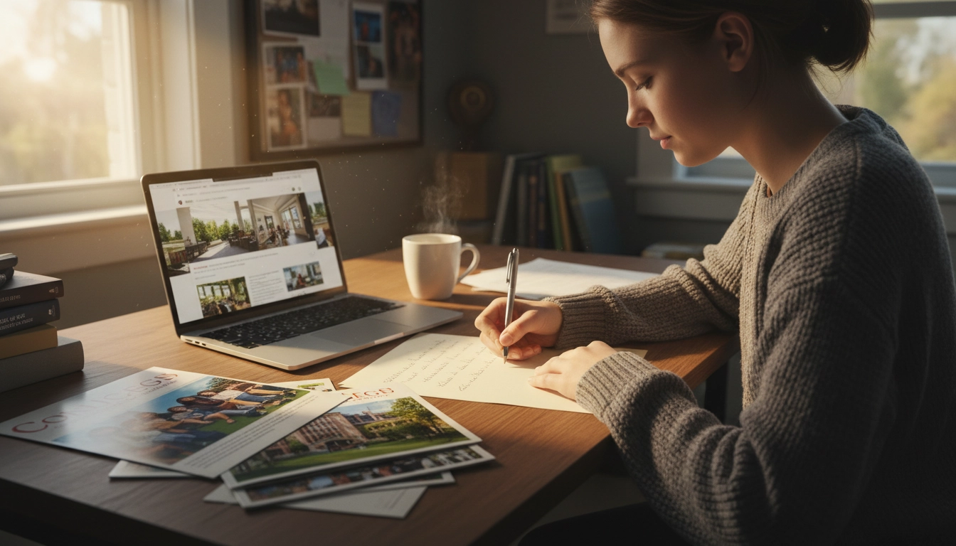 Student writing a letter to a college with research materials nearby