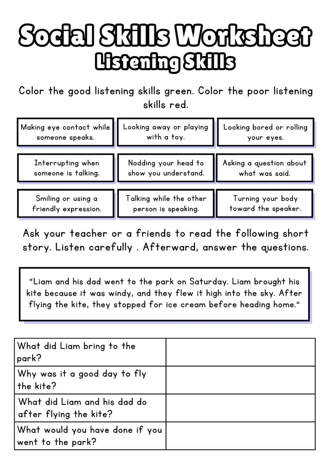 social skills worksheet