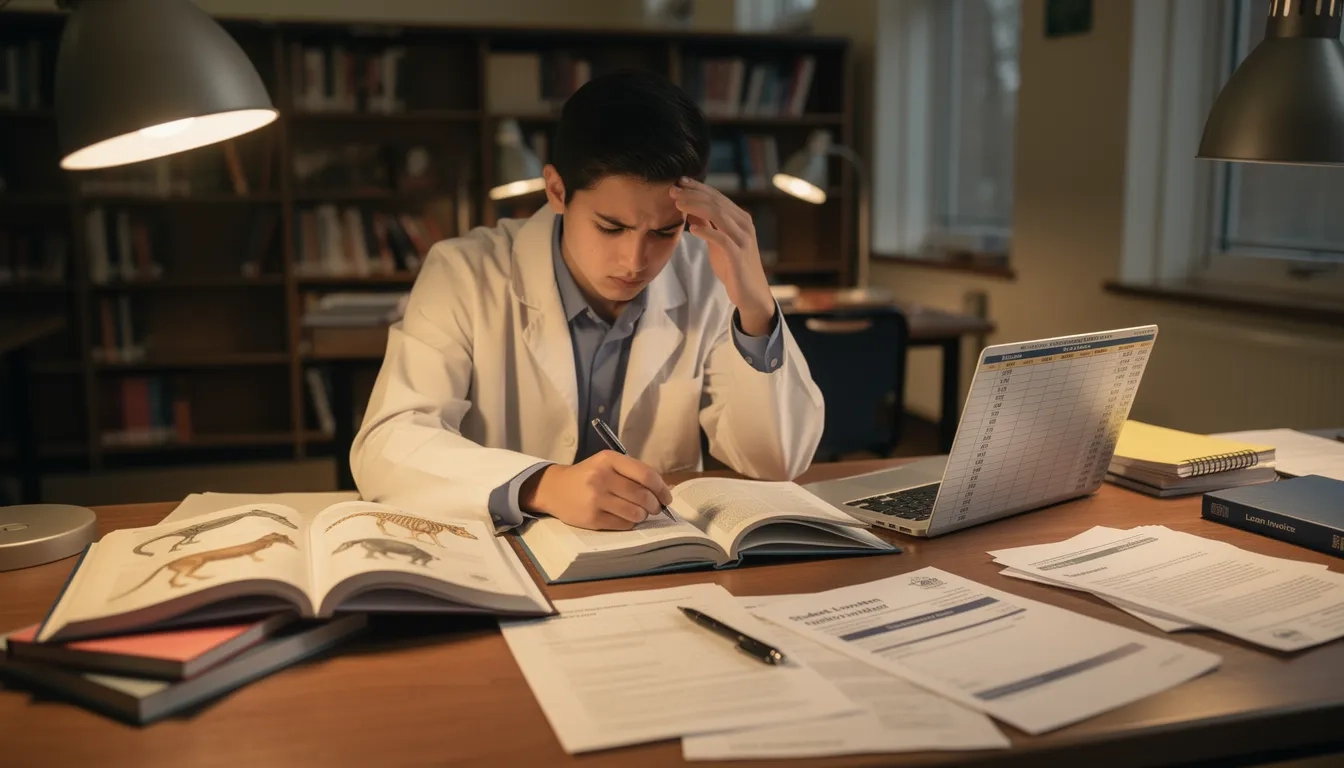 Veterinary student reviewing student loan paperwork at a desk surrounded by textbooks