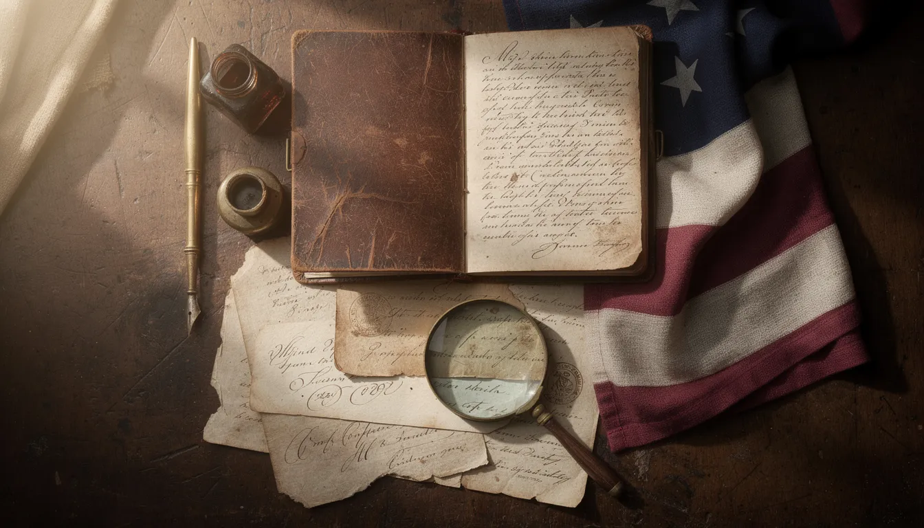 Colonial American history archival items including journal, quill pen, and flag