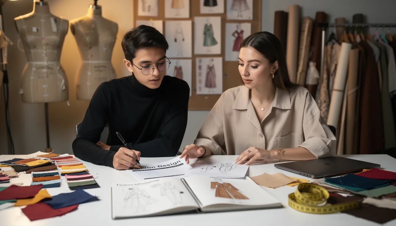 Fashion design students reviewing scholarship materials in a studio setting