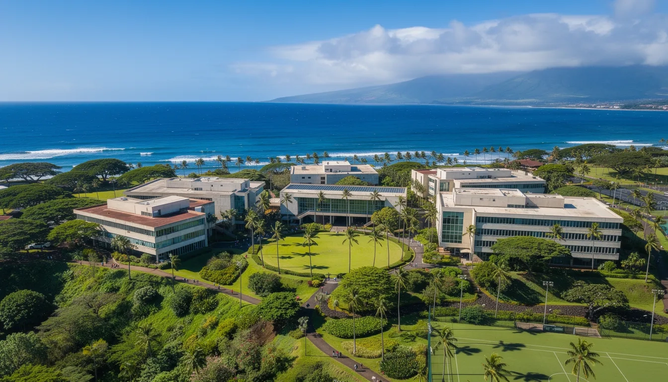 University of Hawaii campus aerial view with ocean backdrop