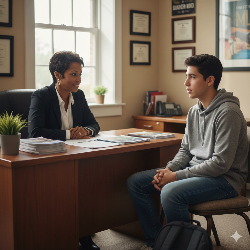 student meeting with school counselor to talk about raising his GPA
