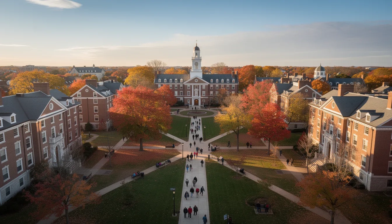 University campus in autumn with students on the quad