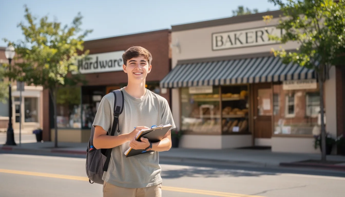 College student on a small-town main street holding scholarship application documents
