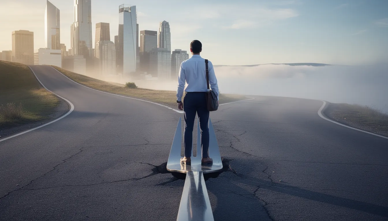 A young graduate standing at a career crossroads with diverging paths