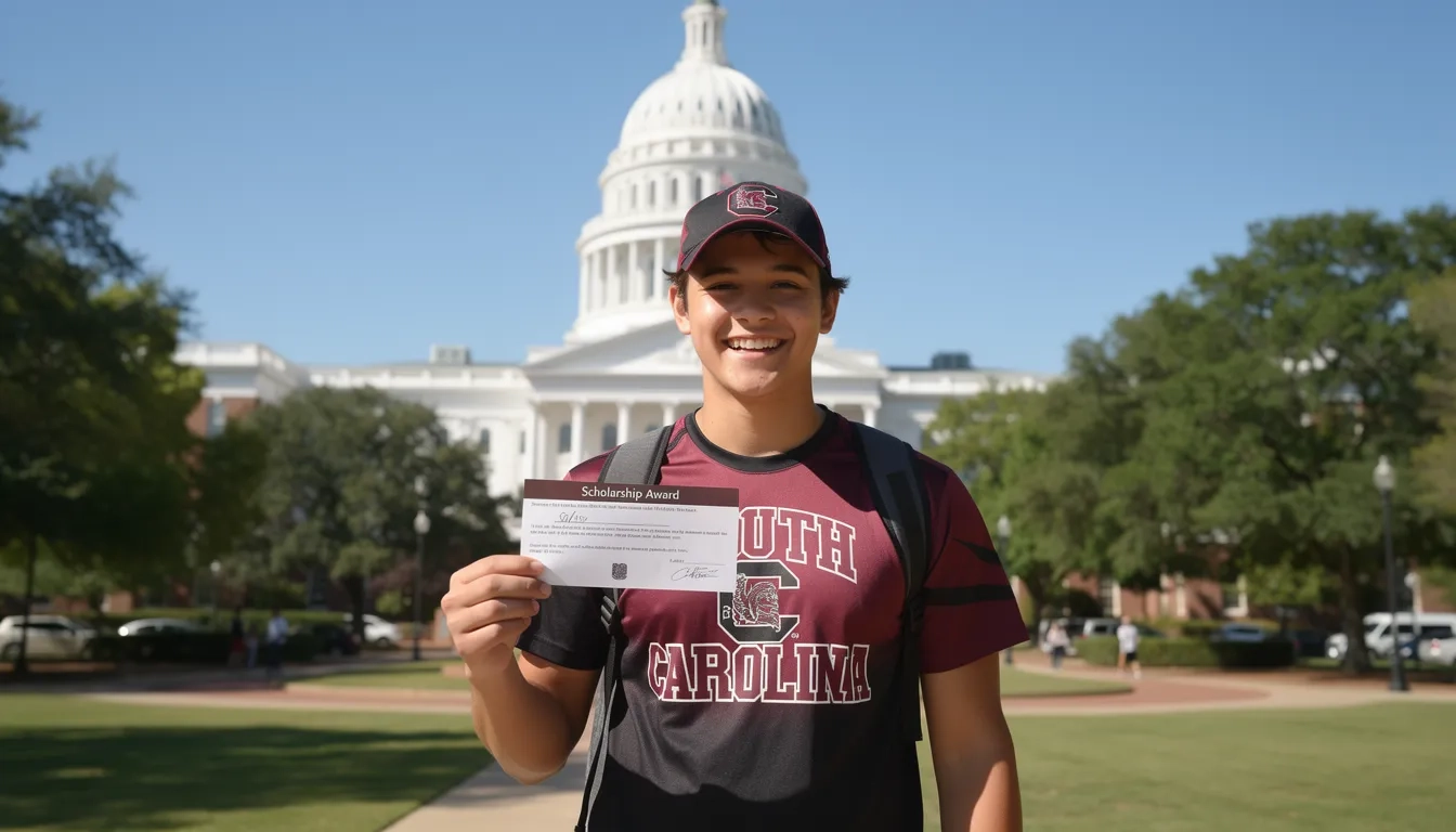 South Carolina college student holding a scholarship award letter in front of the State House
