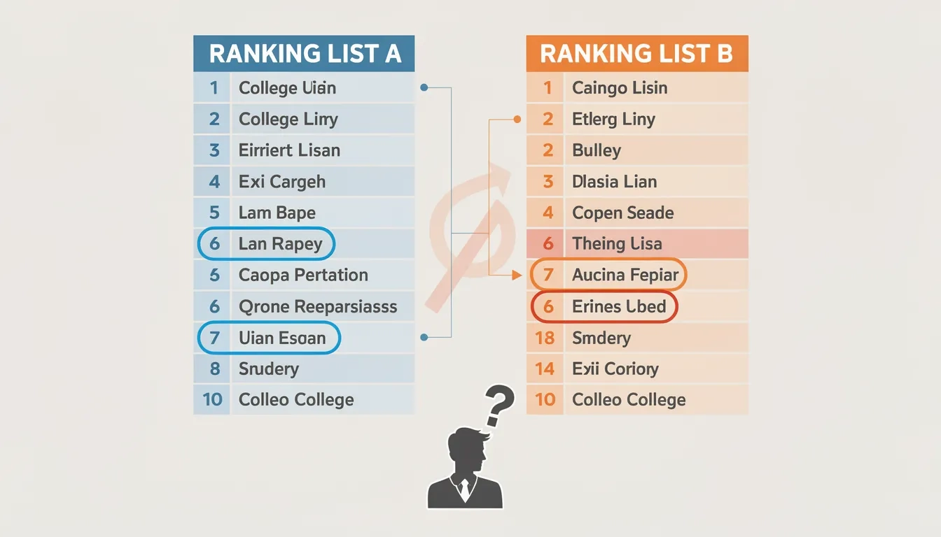 Two different sociology college ranking lists showing dramatically different results for the same schools