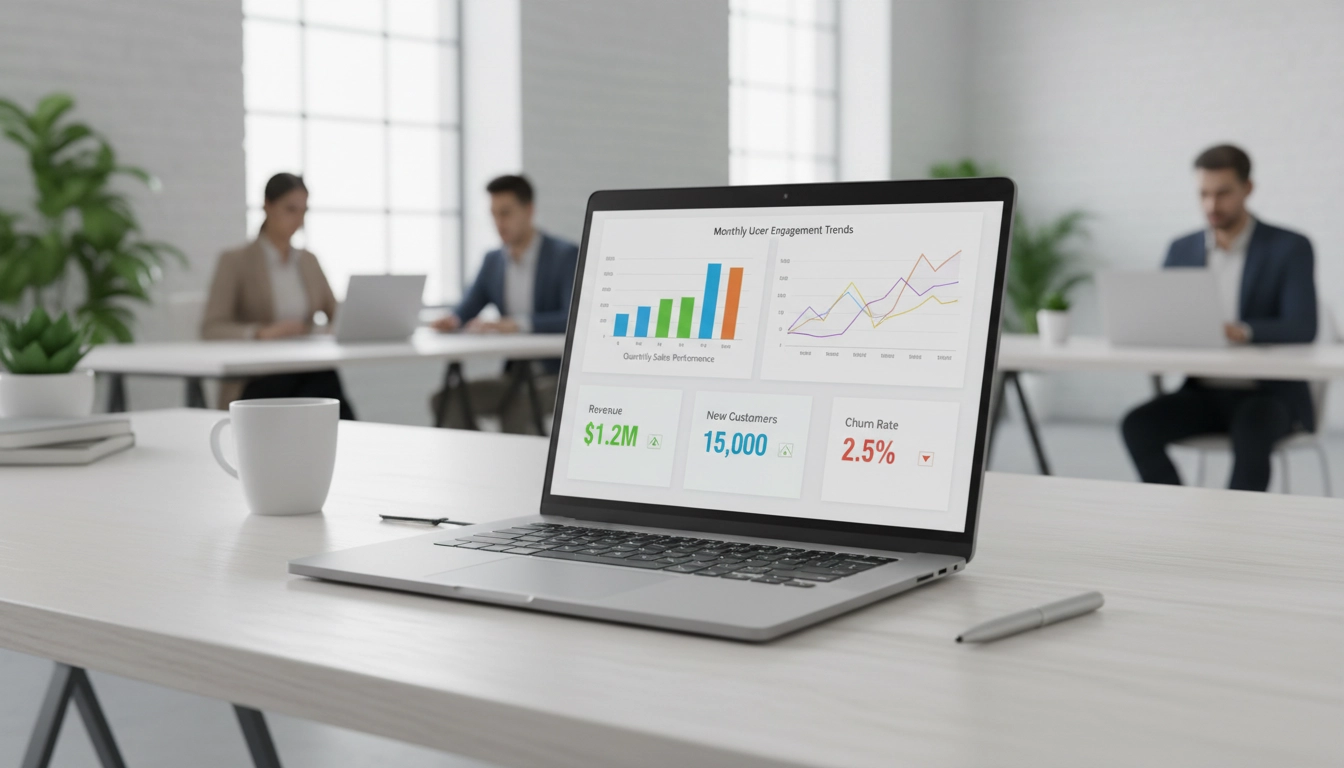 Data analytics dashboard on a laptop with charts and graphs in a modern office setting