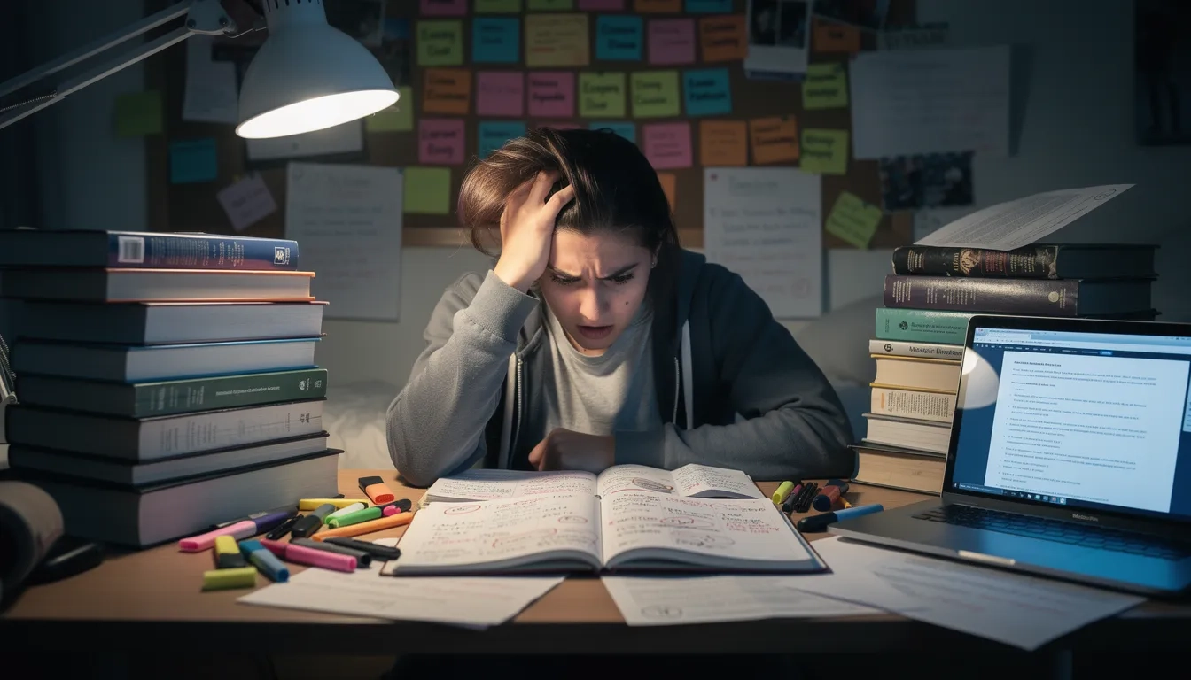 College student at a cluttered desk managing multiple assignments and deadlines