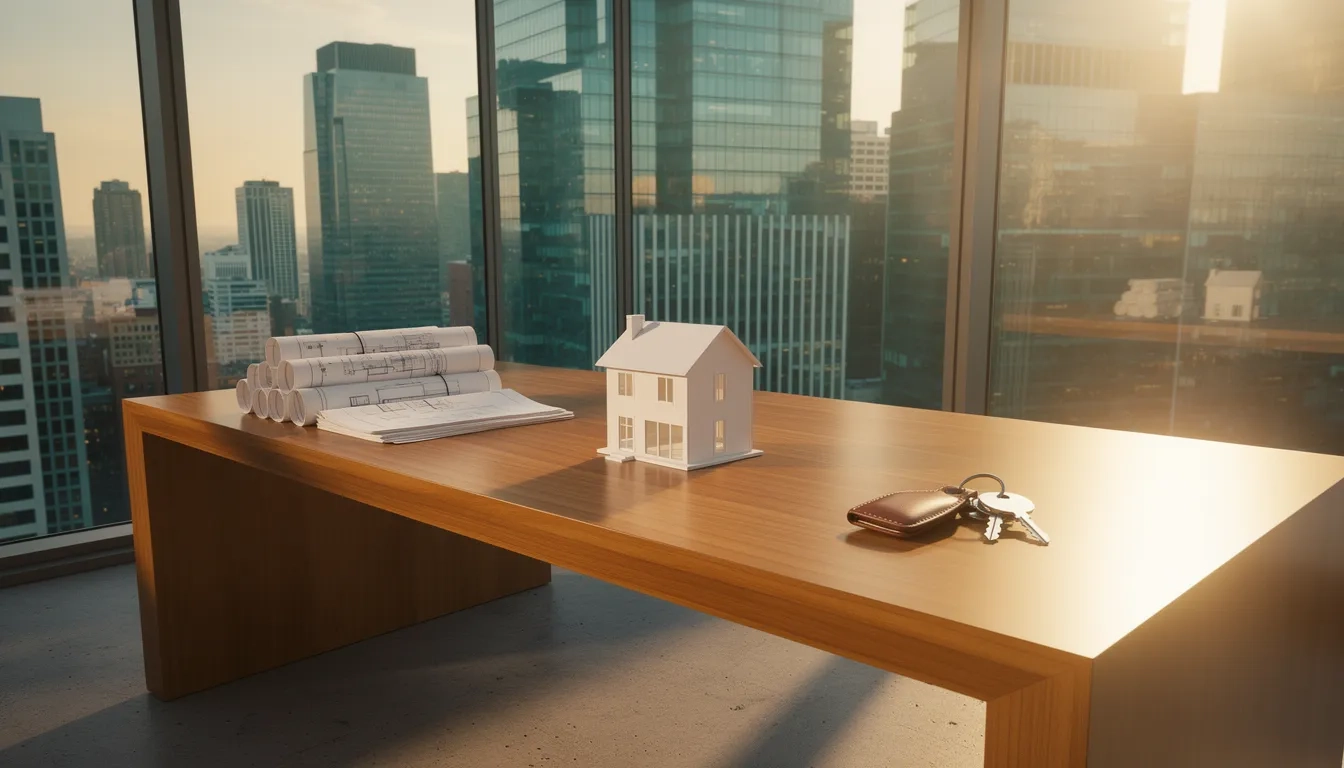 Modern real estate office with city skyline view, blueprints, and a model house on a desk