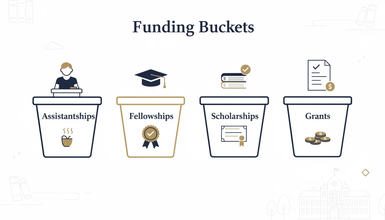 Four buckets of graduate school funding illustrated as labeled containers