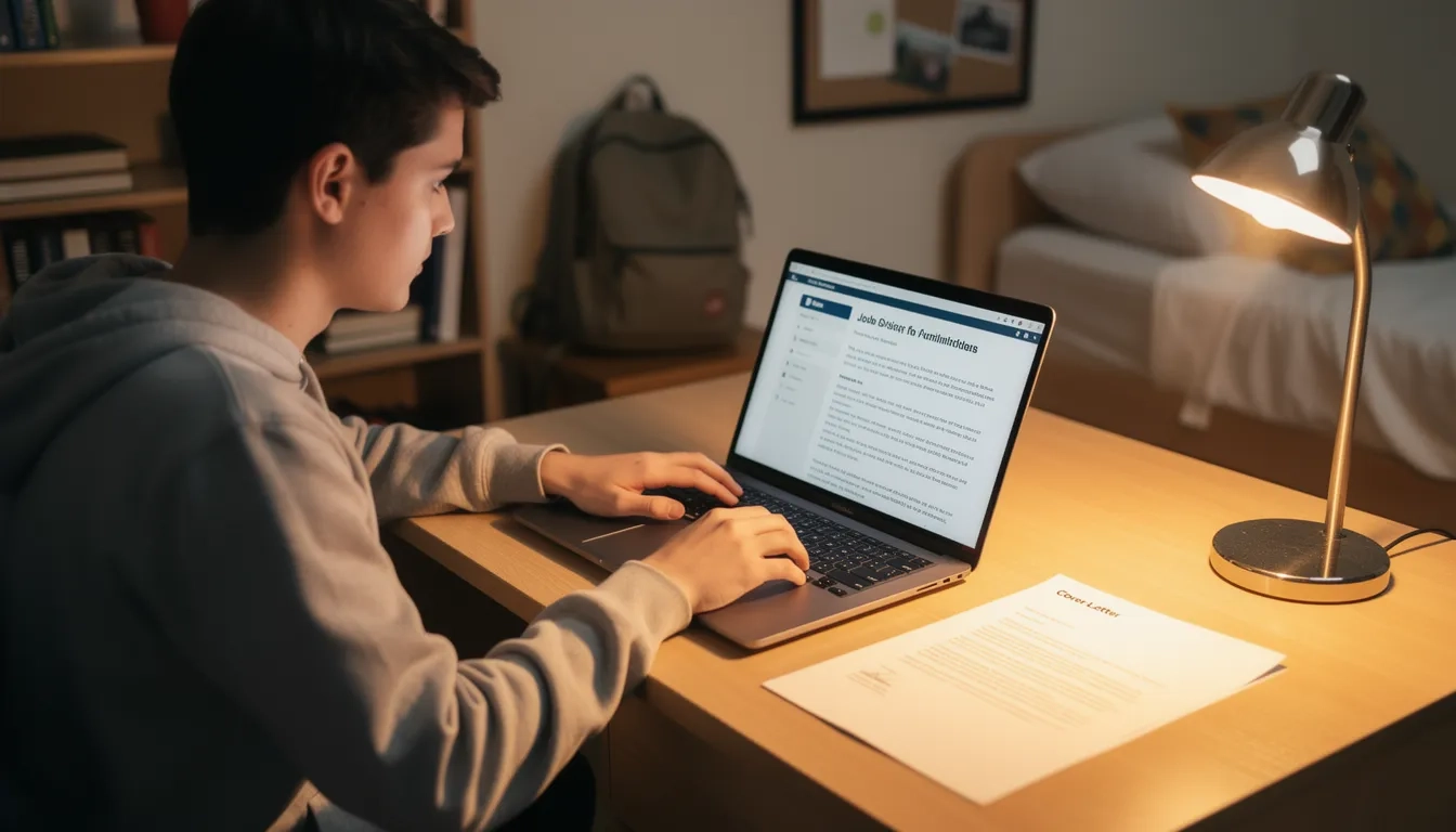 College student reviewing a job posting next to a printed cover letter at a desk