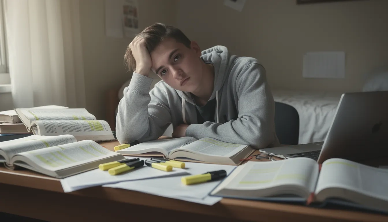 Student passively studying with highlighters and textbooks, looking tired