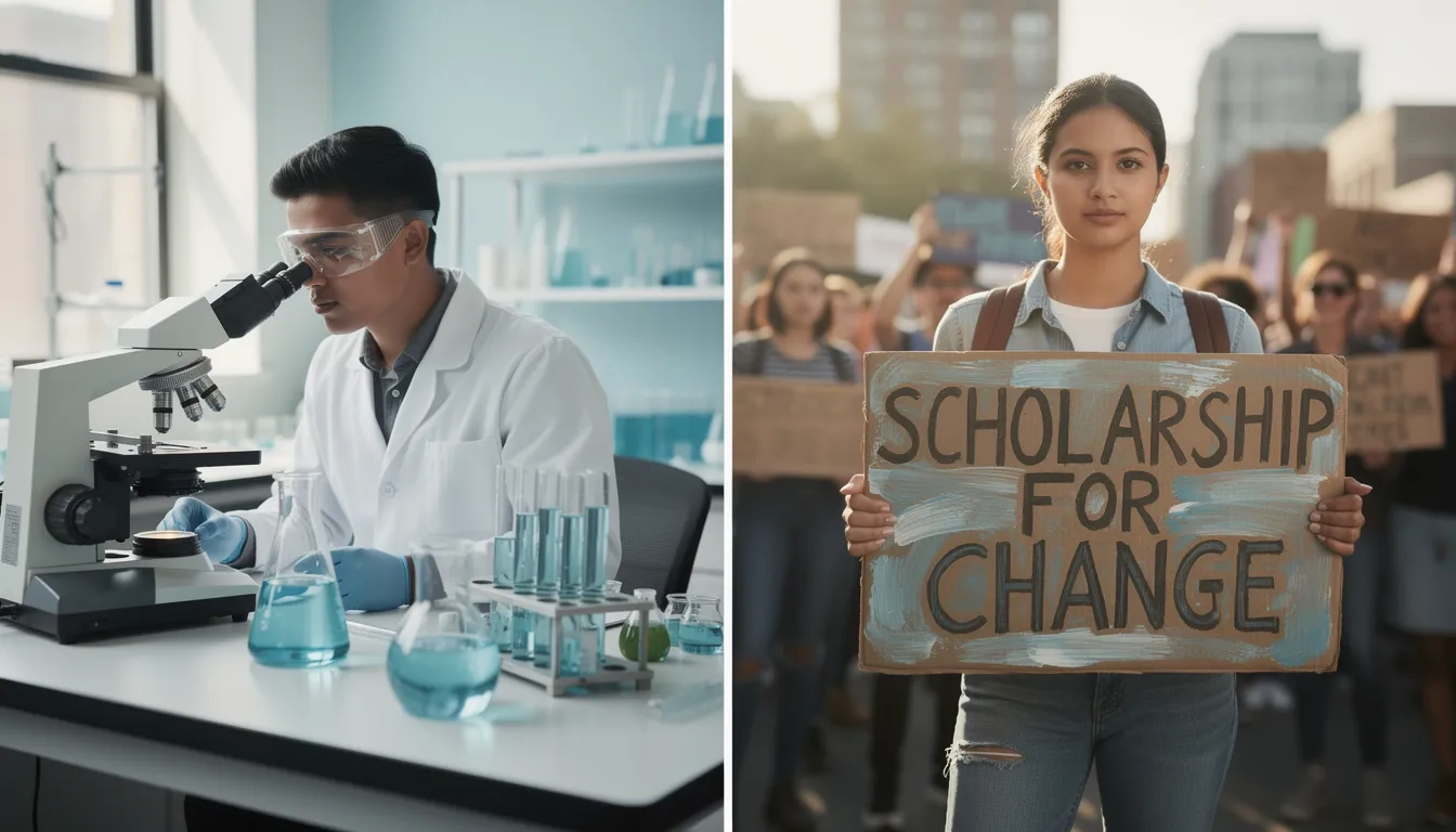 Two types of environmental scholarships illustrated side by side: academic research on the left and community activism on the right