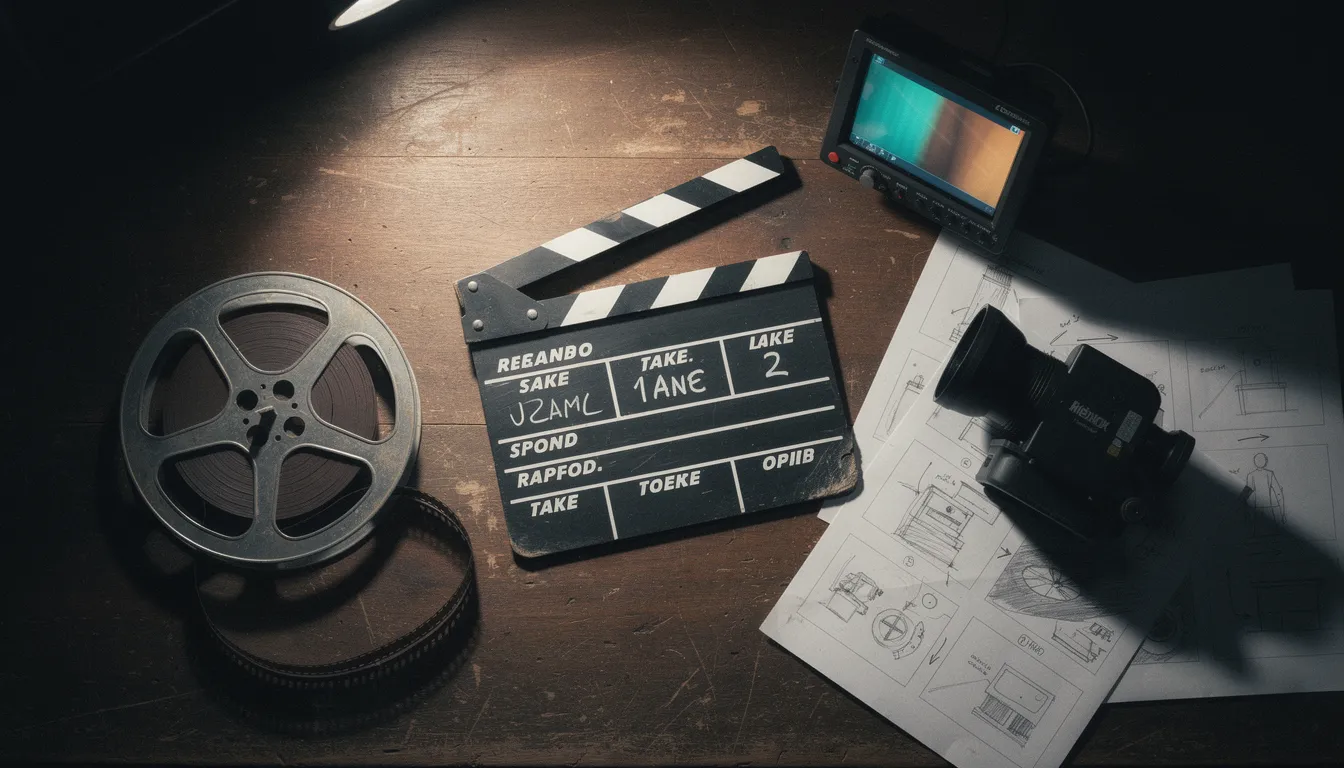 Film production desk with clapperboard, film reel, and storyboard sketches