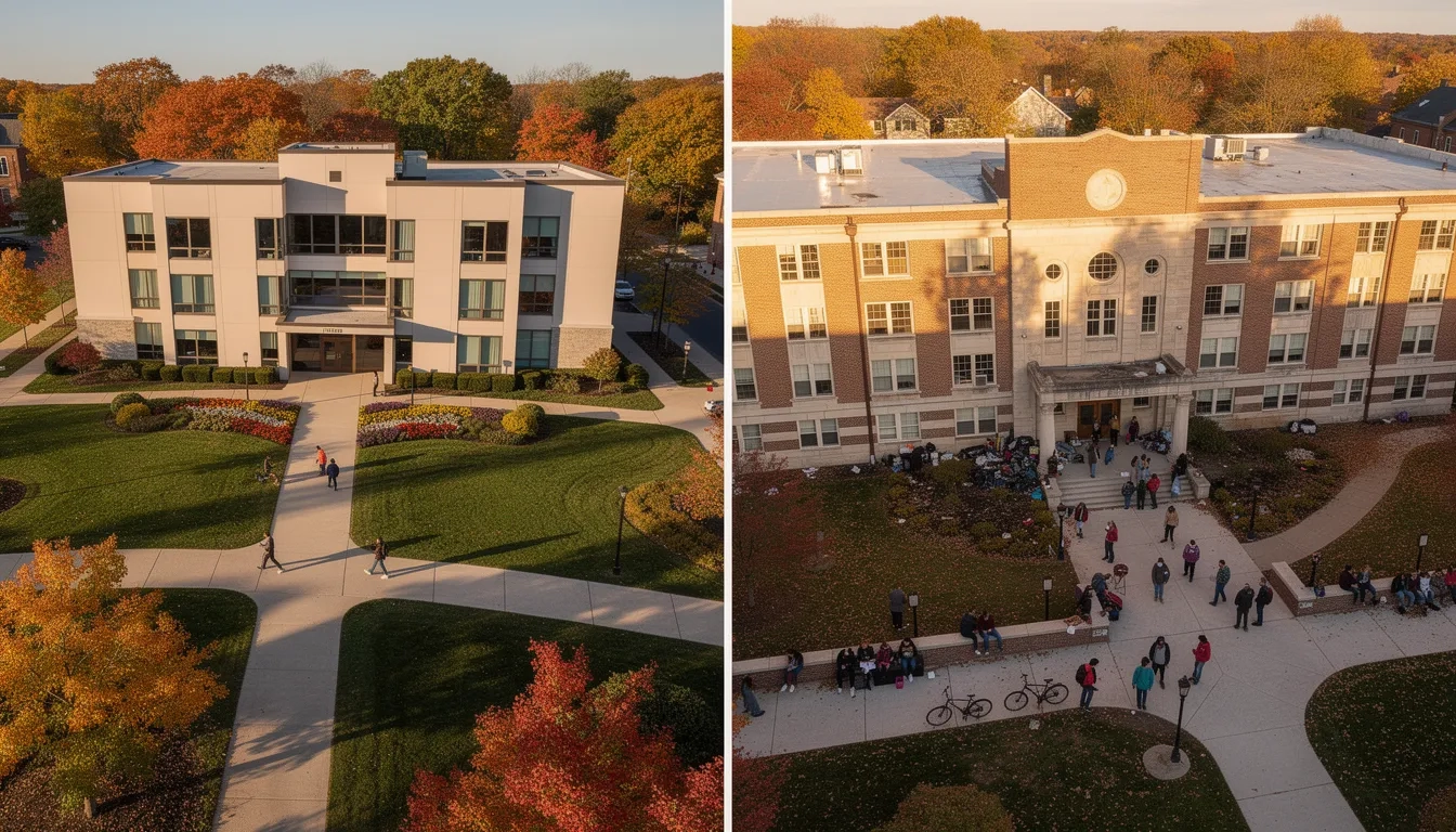 Side-by-side view of honors housing and a standard dormitory building on a university campus